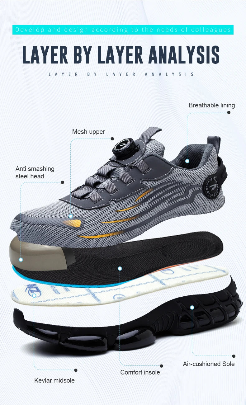 Rotary Button Steel Toe Work Shoes – Anti-Slip, Puncture-Proof, Indestructible Sneakers