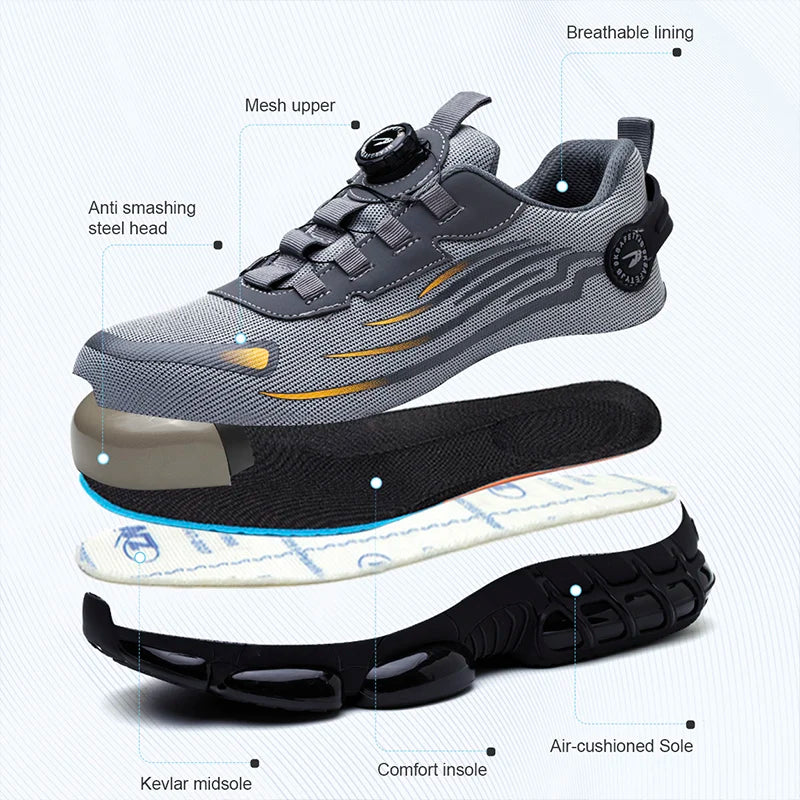 Rotary Button Steel Toe Work Shoes – Anti-Slip, Puncture-Proof, Indestructible Sneakers